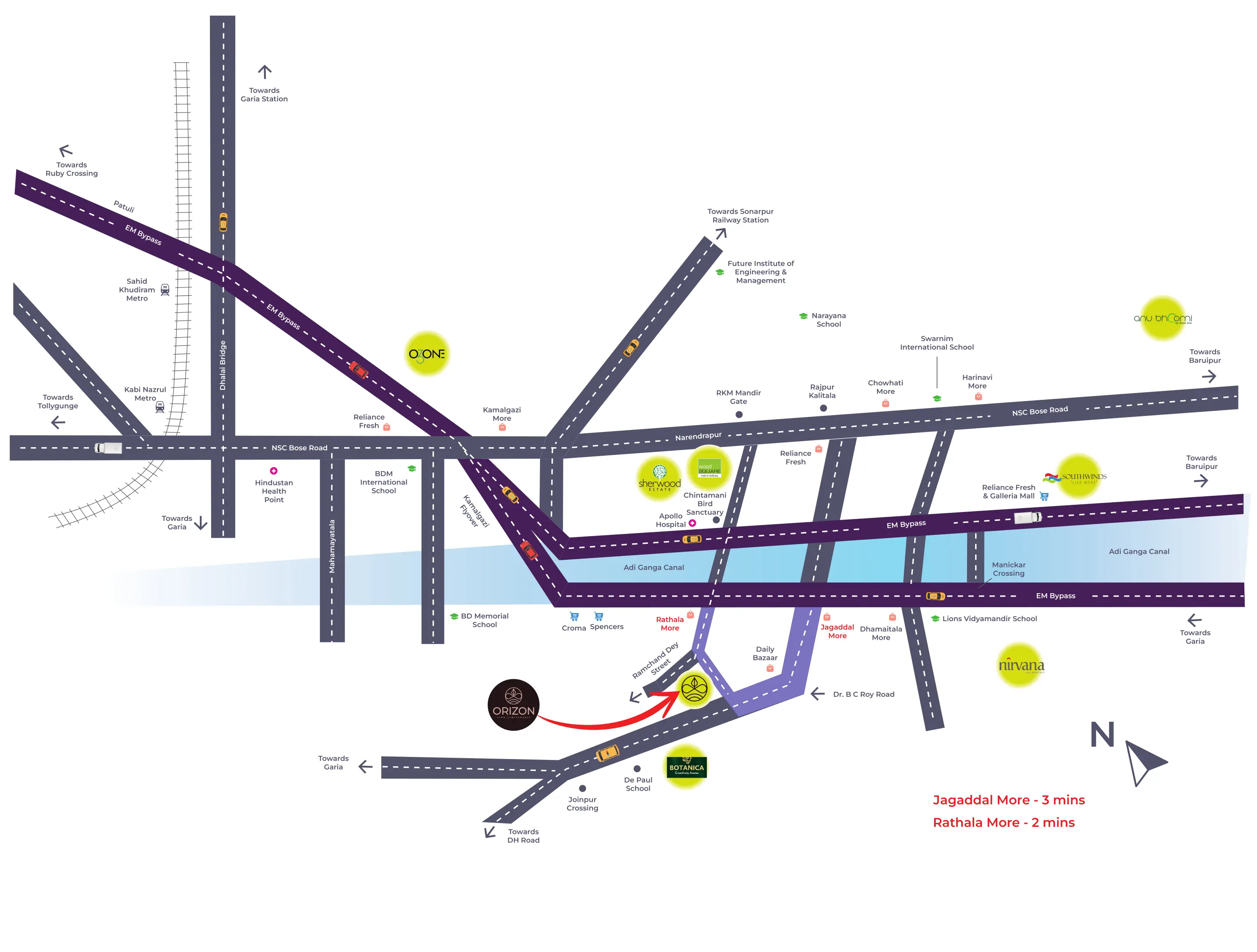 Srijan Orizon location map showing dual connectivity to Southern EM Bypass and Kamalgazi Flyover, Kolkata